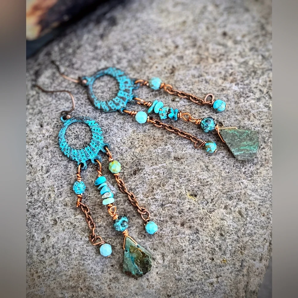 Genuine Turquoise In Green-Blue Patina Verdigris Chandelier Earrings In Copper